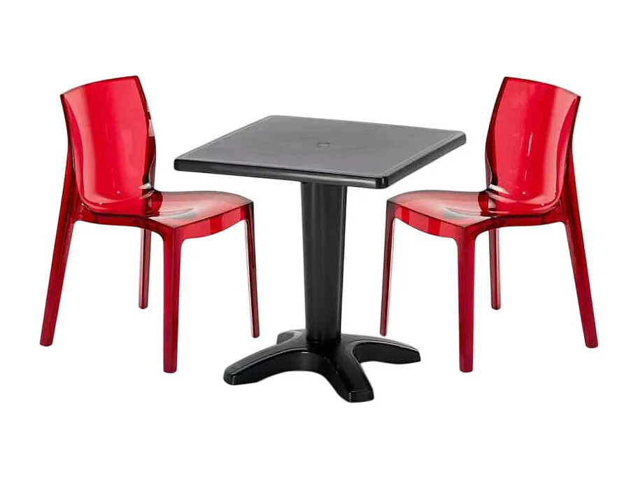 Tisch Quadratisch mit 2 Bunten Polycarbonat Outdoor Stühlen Grand Soleil Cafè