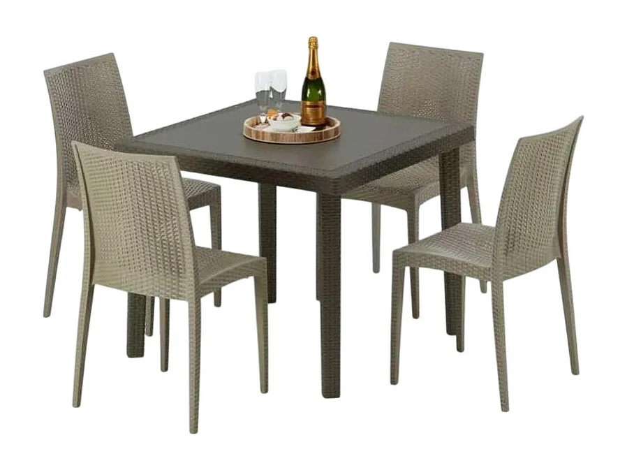 Poly Rattan Tisch Quadratisch mit 4 Bunten Stühlen 90x90 Braun Brown Passion