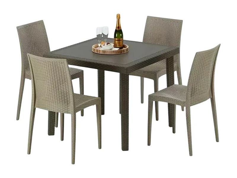 Poly Rattan Tisch Quadratisch mit 4 Bunten Stühlen 90x90 Braun Brown Passion