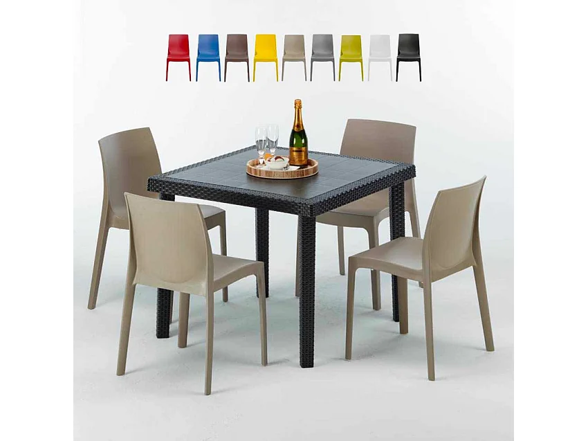 Schwarz Quadratisch Tisch und 4 Stühle Farbiges Polypropylen-Außenmastenset Grand Soleil Rome Passion - Beige