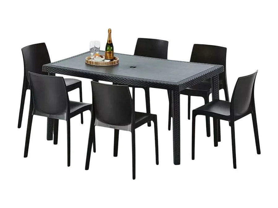 Poly Rattan Tisch Rechteckig mit 6 Bunten Polyrattan Stühlen 150x90 Schwarz