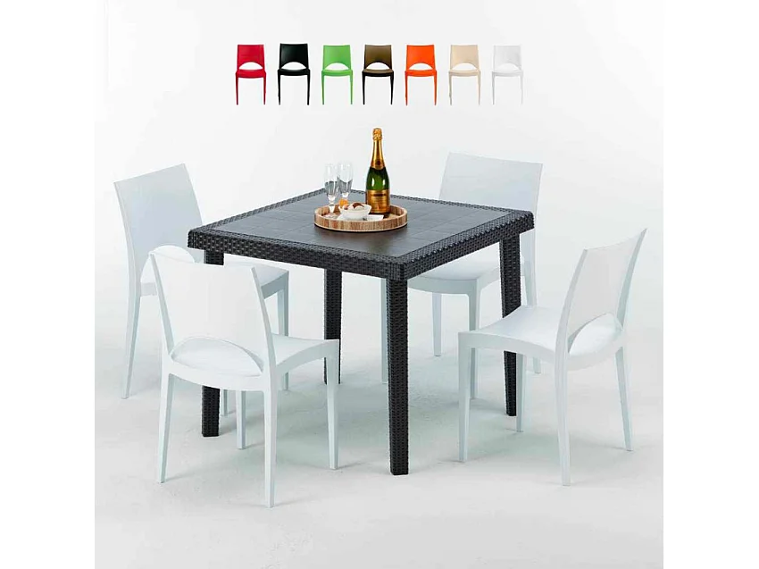 Schwarz Quadratisch Tisch und 4 Stühle Farbiges Polypropylen-Außenmastenset Grand Soleil Paris Passion - Weiß