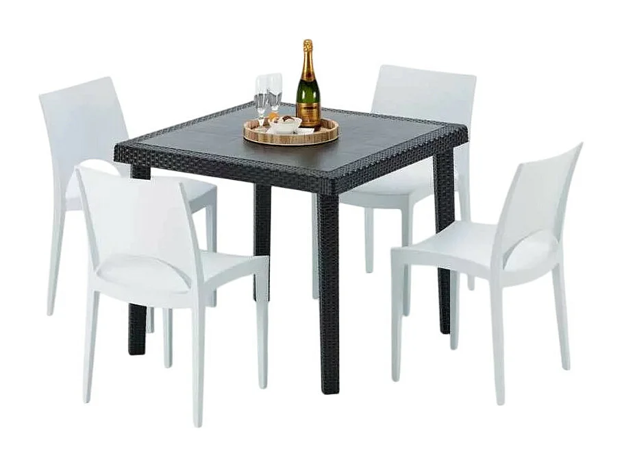 Schwarz Quadratisch Tisch und 4 Stühle Farbiges Polypropylen-Außenmastenset Grand Soleil Paris Passion - Weiß