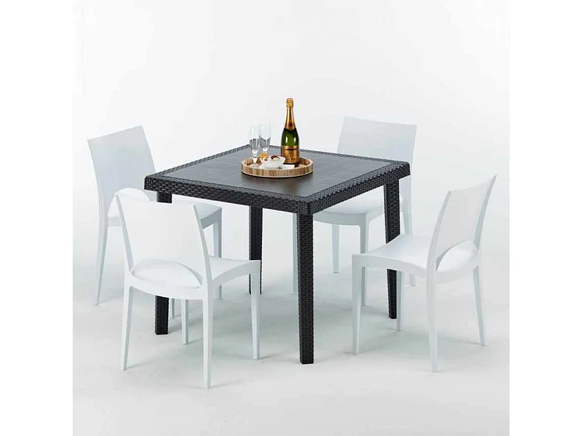 Schwarz Quadratisch Tisch und 4 Stühle Farbiges Polypropylen-Außenmastenset Grand Soleil Paris Passion - Weiß