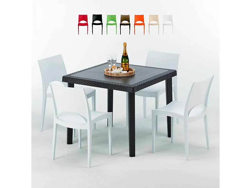 Schwarz Quadratisch Tisch und 4 Stühle Farbiges Polypropylen-Außenmastenset Grand Soleil Paris Passion - Weiß