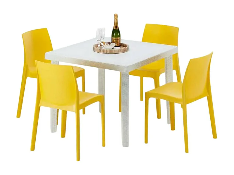 Weiß Quadratisch Tisch und 4 Stühle Farbiges Polypropylen-Außenmastenset Grand Soleil Rome Love - Gelb