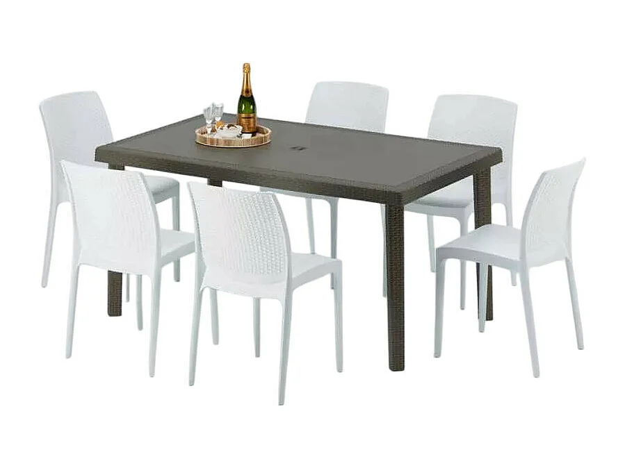 Polyrattan Tisch Rechteckig mit 6 Bunten Stühlen 150x90 Braun Focus