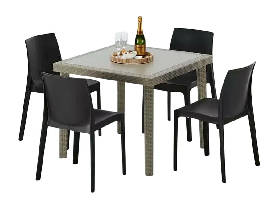 Polyrattan Tisch Quadratisch mit 4 Bunten Stühlen 90x90 Beige Elegance