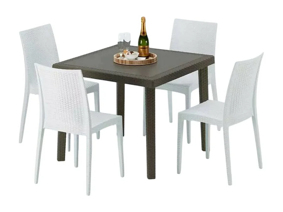 Poly Rattan Tisch Quadratisch mit 4 Bunten Stühlen 90x90 Braun Brown Passion