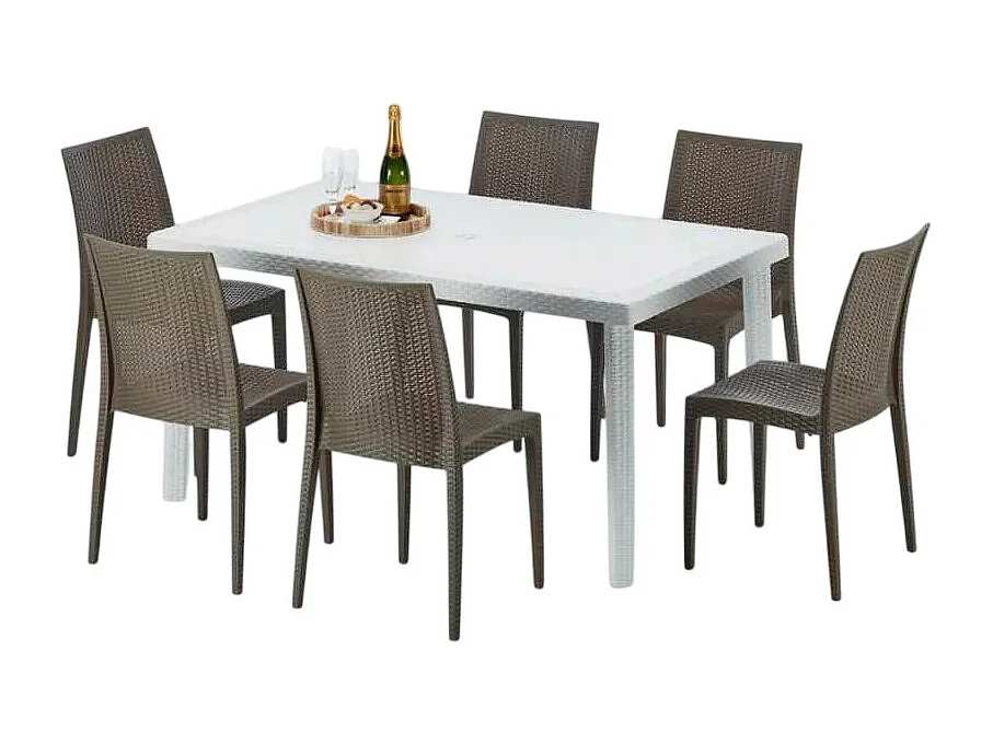 Weiß Rechteckig Tisch und 6 Stühle Farbiges Polypropylen-Außenmastenset Grand Soleil Bistrot Summerlife - Braun