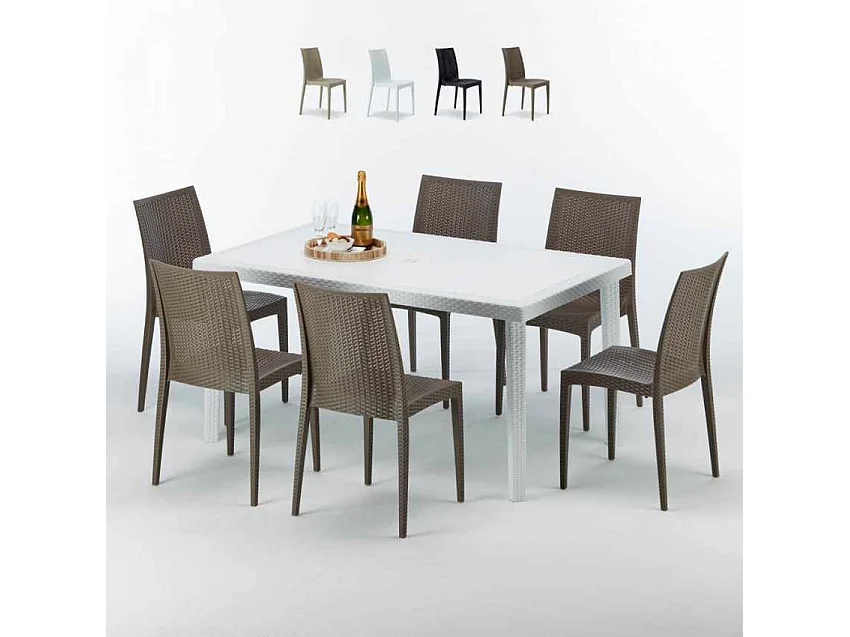 Weiß Rechteckig Tisch und 6 Stühle Farbiges Polypropylen-Außenmastenset Grand Soleil Bistrot Summerlife - Braun