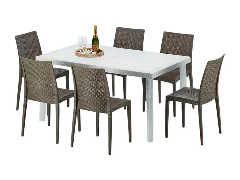 Weiß Rechteckig Tisch und 6 Stühle Farbiges Polypropylen-Außenmastenset Grand Soleil Bistrot Summerlife - Braun
