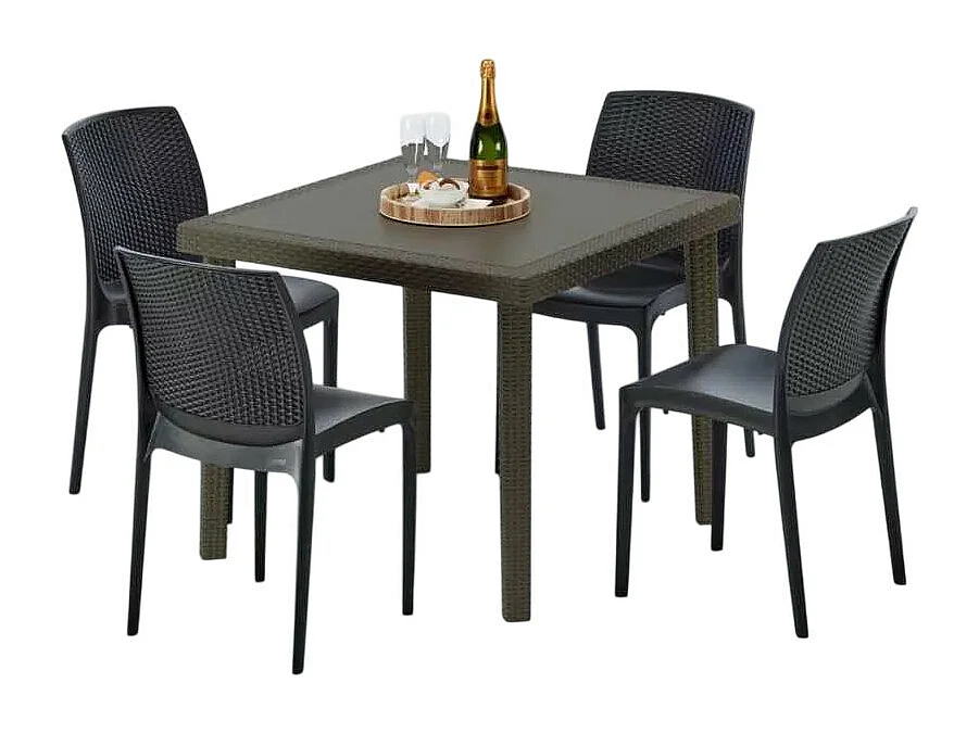 Poly Rattan Tisch Quadratisch mit 4 Bunten Stühlen 90x90 Braun Brown Passion