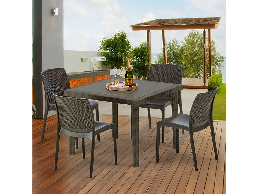 Poly Rattan Tisch Quadratisch mit 4 Bunten Stühlen 90x90 Braun Brown Passion