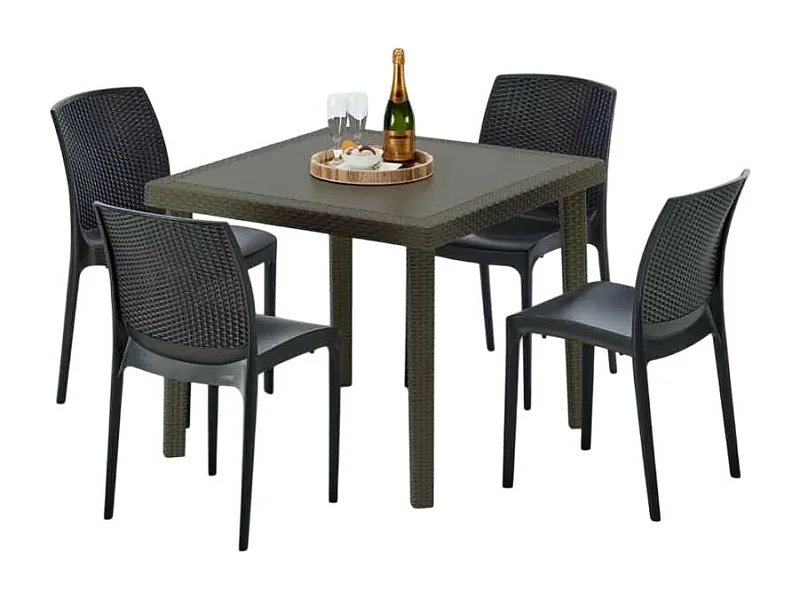 Poly Rattan Tisch Quadratisch mit 4 Bunten Stühlen 90x90 Braun Brown Passion