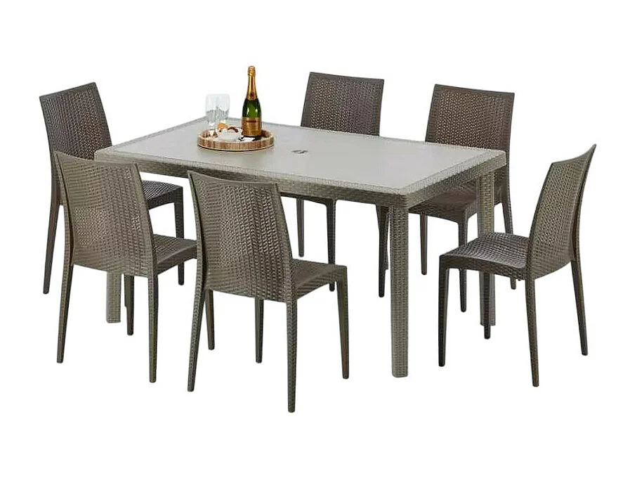 Polyrattan Tisch Rechteckig mit 6 Bunten Stühlen 150x90 Beige Marion