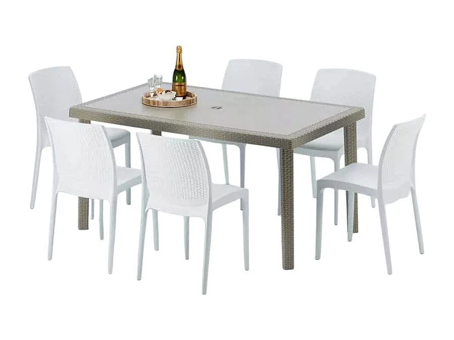 Polyrattan Tisch Rechteckig mit 6 Bunten Stühlen 150x90 Beige Marion