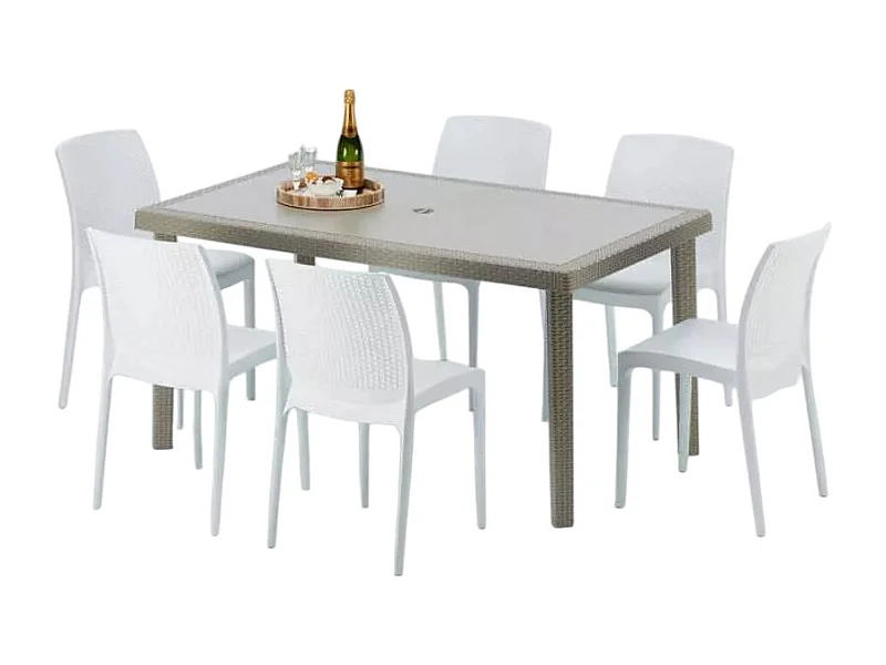 Polyrattan Tisch Rechteckig mit 6 Bunten Stühlen 150x90 Beige Marion