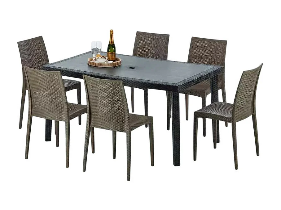Poly Rattan Tisch Rechteckig mit 6 Bunten Polyrattan Stühlen 150x90 Schwarz