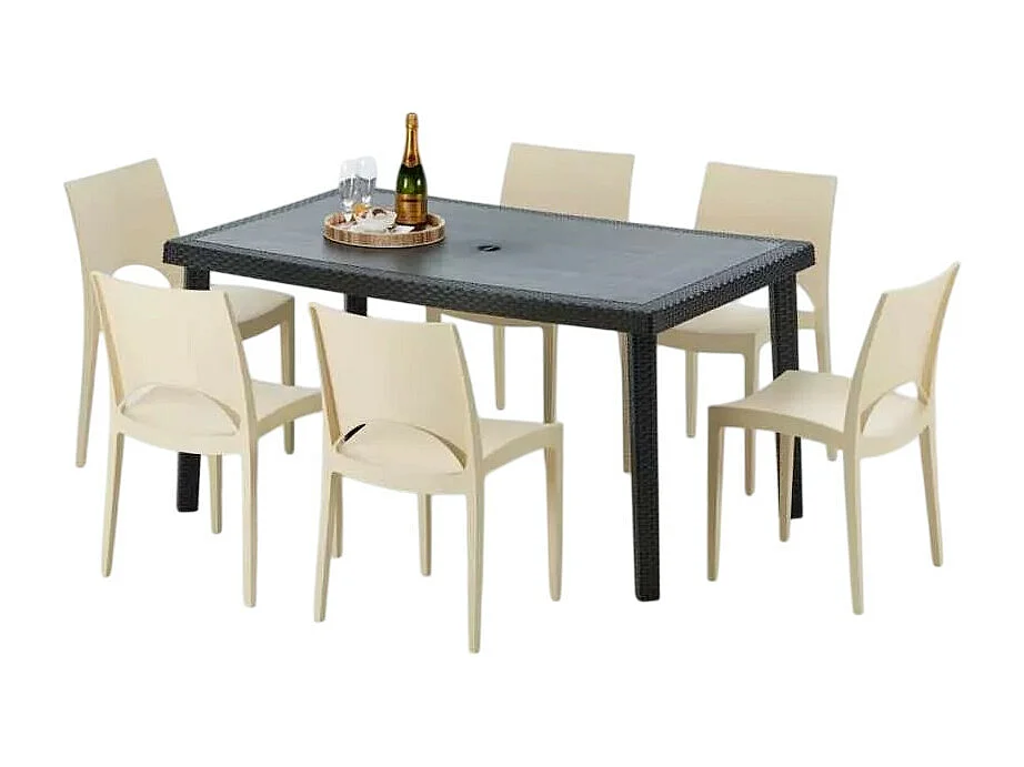 Poly Rattan Tisch Rechteckig mit 6 Bunten Polyrattan Stühlen 150x90 Schwarz