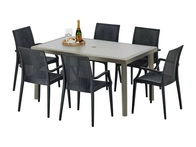 Polyrattan Tisch Rechteckig mit 6 Bunten Stühlen 150x90 Beige Marion