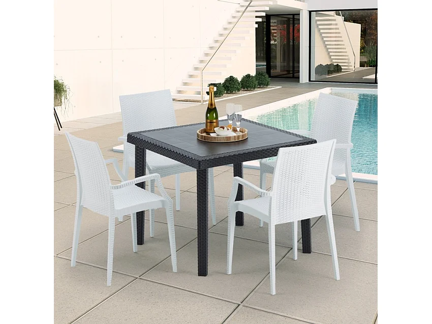 Schwarz Quadratisch Tisch und 4 Stühle Farbiges Polypropylen-Außenmastenset Grand Soleil Arm Bistrot Passion - Weiß