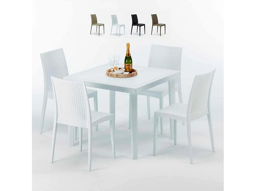 Weiß Quadratisch Tisch und 4 Stühle Farbiges Polypropylen-Außenmastenset Grand Soleil Bistrot Love - Weiß