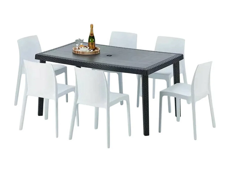 Poly Rattan Tisch Rechteckig mit 6 Bunten Polyrattan Stühlen 150x90 Schwarz