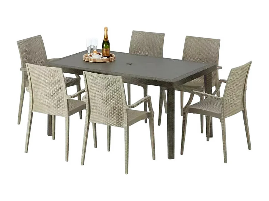 Polyrattan Tisch Rechteckig mit 6 Bunten Stühlen 150x90 Braun Focus