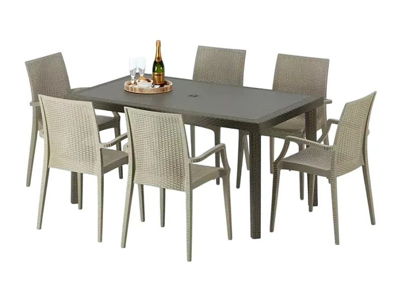 Polyrattan Tisch Rechteckig mit 6 Bunten Stühlen 150x90 Braun Focus