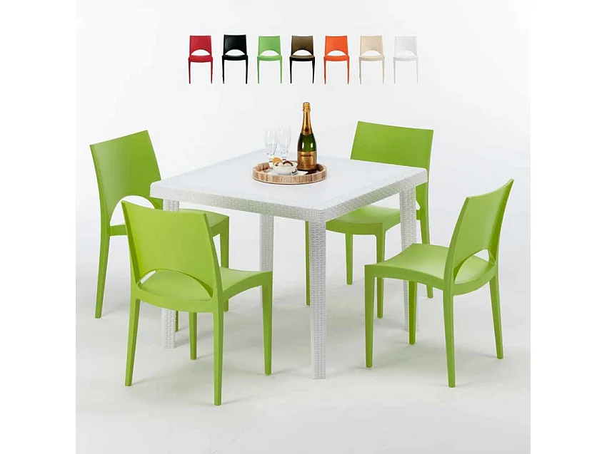 Weiß Quadratisch Tisch und 4 Stühle Farbiges Polypropylen-Außenmastenset Grand Soleil Paris Love - Grün
