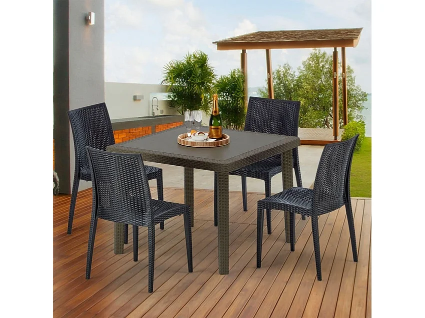 Poly Rattan Tisch Quadratisch mit 4 Bunten Stühlen 90x90 Braun Brown Passion