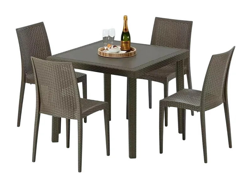 Poly Rattan Tisch Quadratisch mit 4 Bunten Stühlen 90x90 Braun Brown Passion