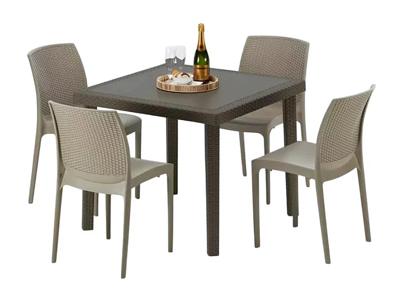 Poly Rattan Tisch Quadratisch mit 4 Bunten Stühlen 90x90 Braun Brown Passion