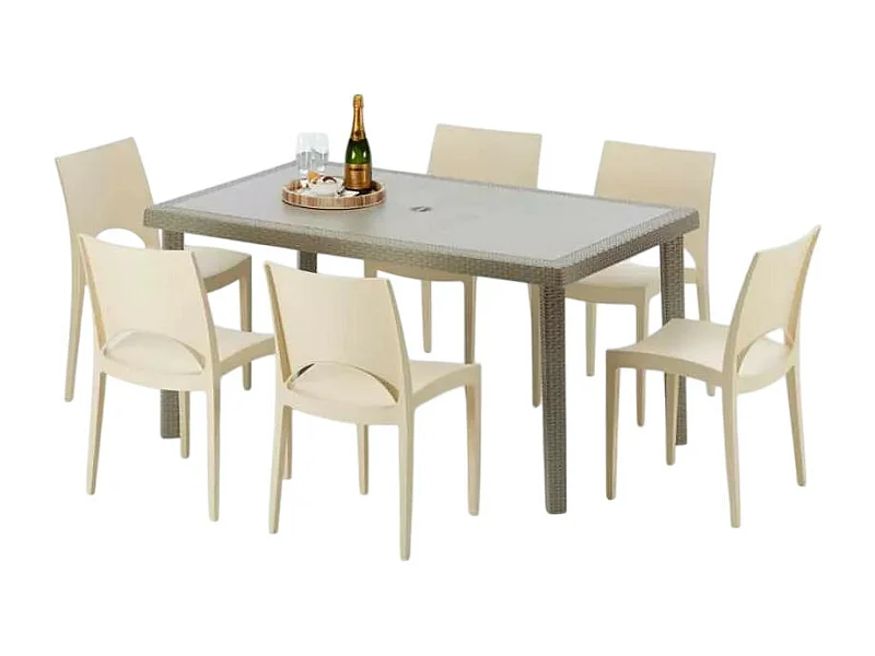 Polyrattan Tisch Rechteckig mit 6 Bunten Stühlen 150x90 Beige Marion