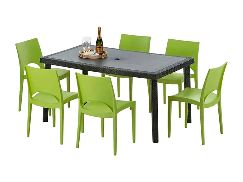 Poly Rattan Tisch Rechteckig mit 6 Bunten Polyrattan Stühlen 150x90 Schwarz