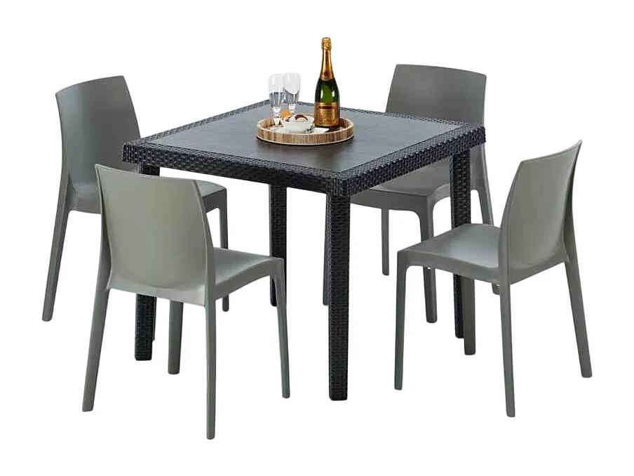 Schwarz Quadratisch Tisch und 4 Stühle Farbiges Polypropylen-Außenmastenset Grand Soleil Rome Passion - Grau