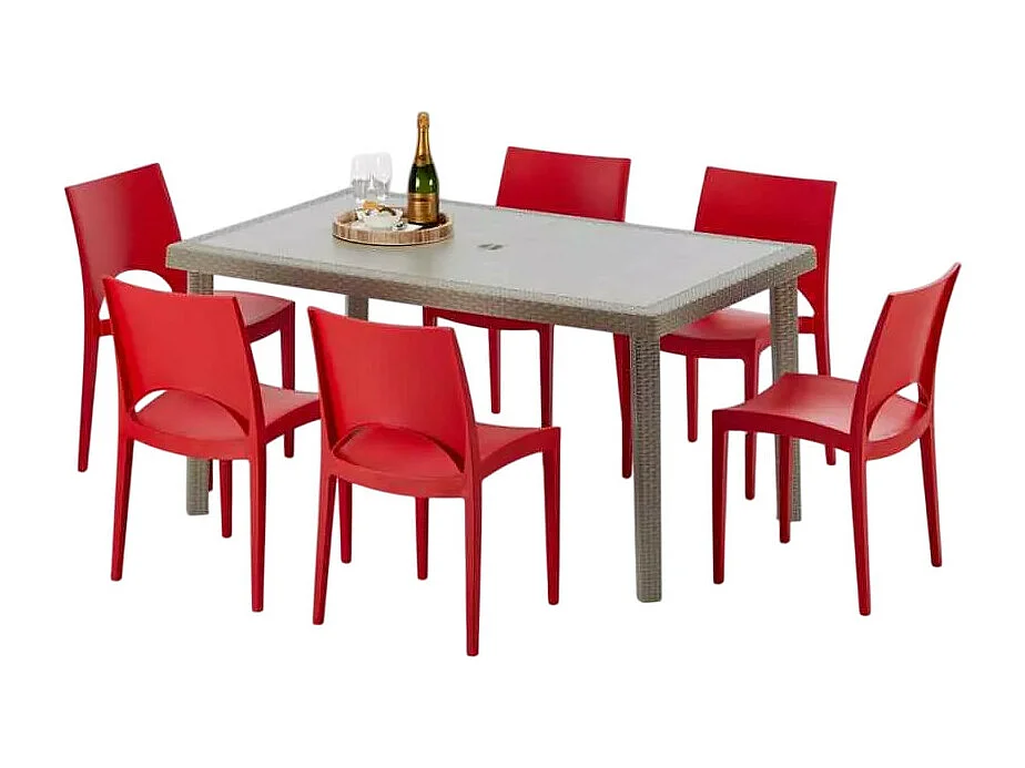 Polyrattan Tisch Rechteckig mit 6 Bunten Stühlen 150x90 Beige Marion