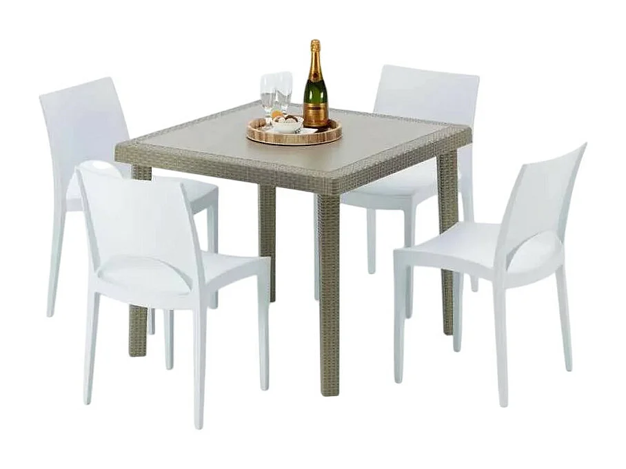 Polyrattan Tisch Quadratisch mit 4 Bunten Stühlen 90x90 Beige Elegance