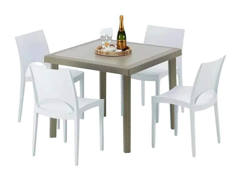 Polyrattan Tisch Quadratisch mit 4 Bunten Stühlen 90x90 Beige Elegance