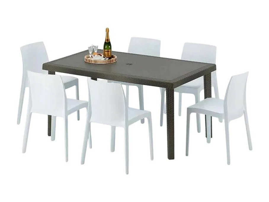 Polyrattan Tisch Rechteckig mit 6 Bunten Stühlen 150x90 Braun Focus