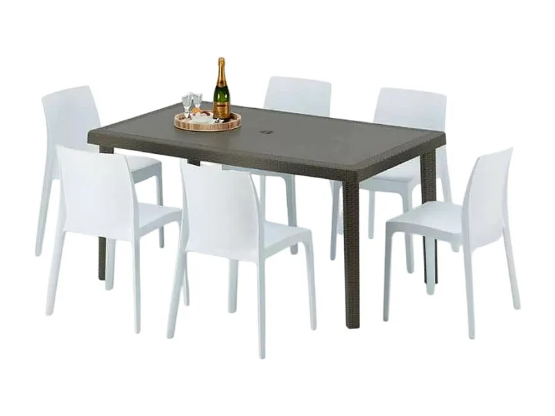 Polyrattan Tisch Rechteckig mit 6 Bunten Stühlen 150x90 Braun Focus