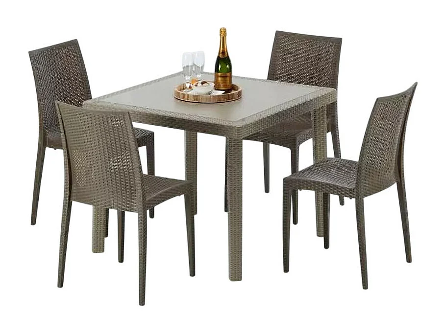 Polyrattan Tisch Quadratisch mit 4 Bunten Stühlen 90x90 Beige Elegance
