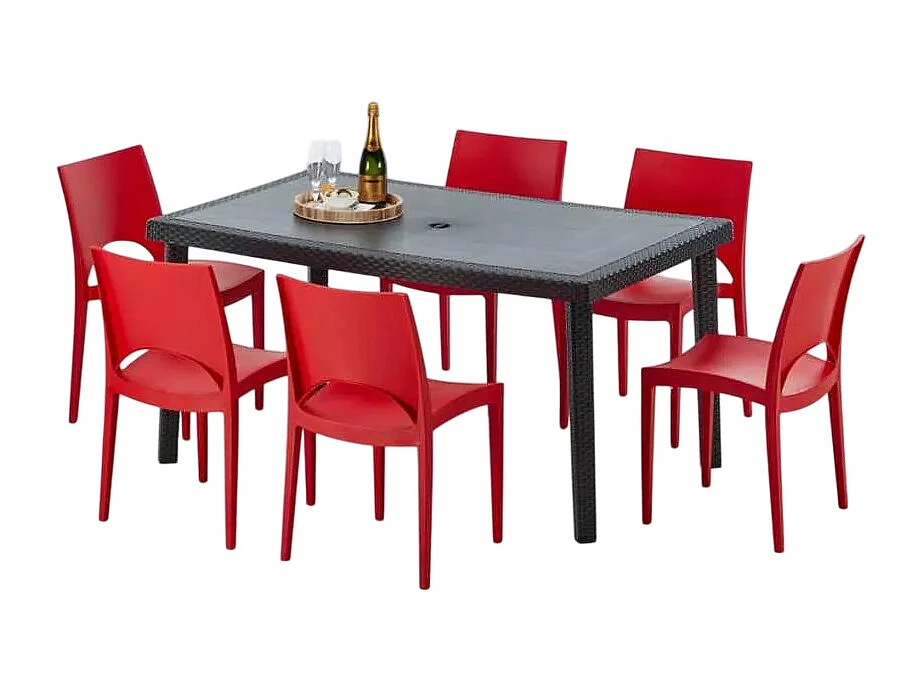 Poly Rattan Tisch Rechteckig mit 6 Bunten Polyrattan Stühlen 150x90 Schwarz