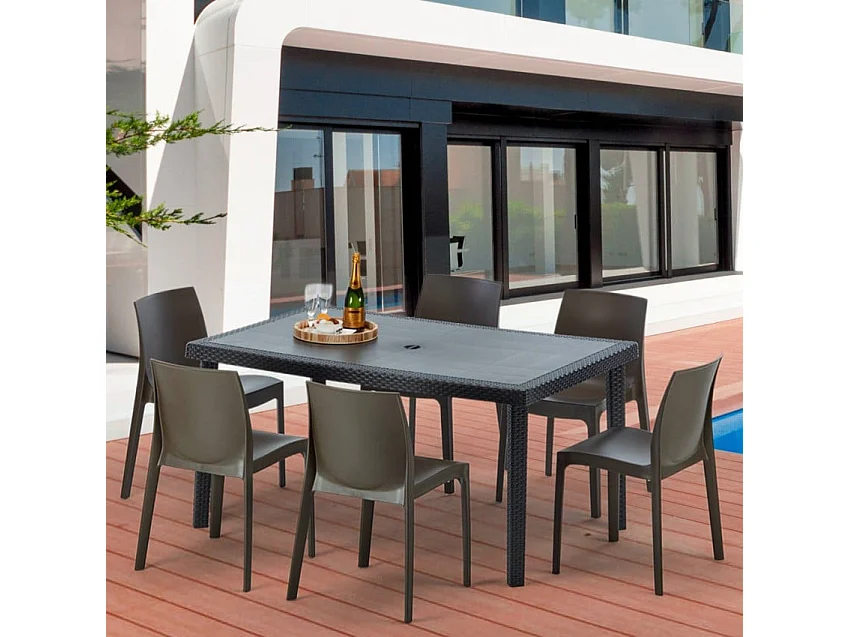 Poly Rattan Tisch Rechteckig mit 6 Bunten Polyrattan Stühlen 150x90 Schwarz