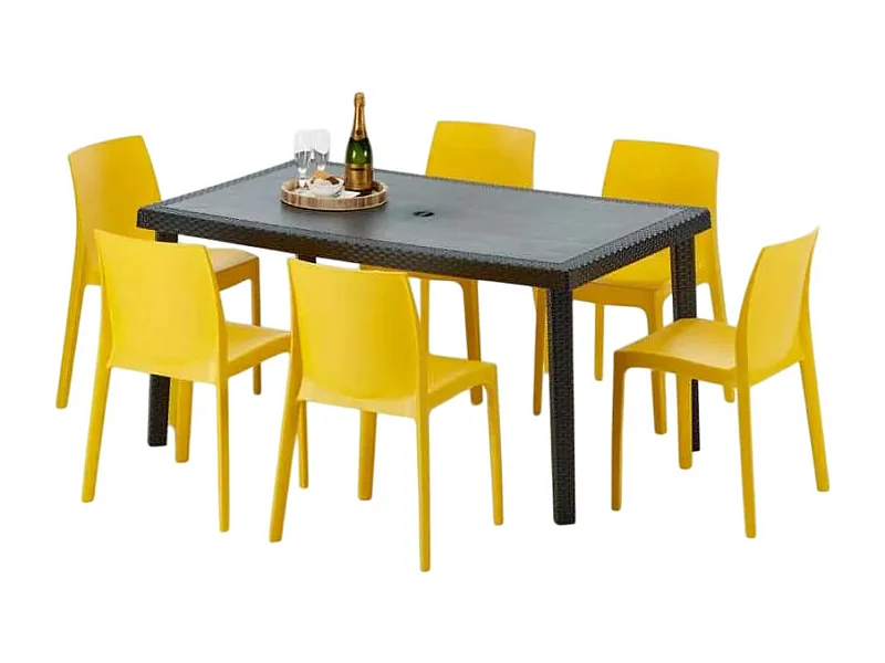 Poly Rattan Tisch Rechteckig mit 6 Bunten Polyrattan Stühlen 150x90 Schwarz