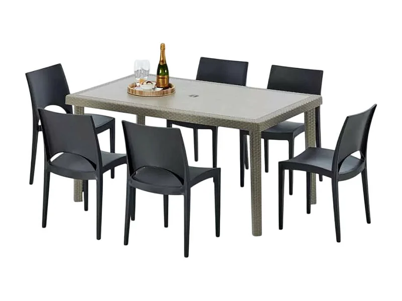 Polyrattan Tisch Rechteckig mit 6 Bunten Stühlen 150x90 Beige Marion