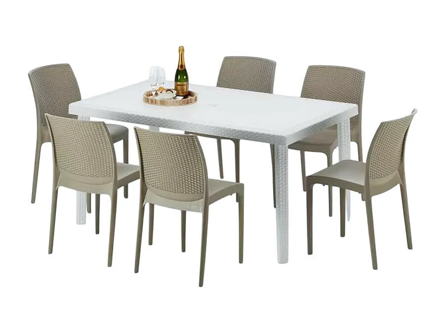 Weiß Rechteckig Tisch und 6 Stühle Farbiges Polypropylen-Außenmastenset Grand Soleil Boheme Summerlife - Beige