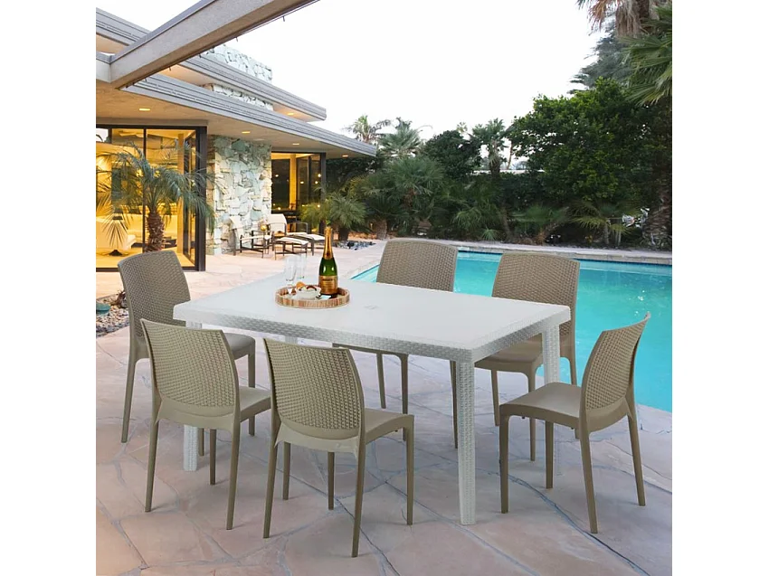 Weiß Rechteckig Tisch und 6 Stühle Farbiges Polypropylen-Außenmastenset Grand Soleil Boheme Summerlife - Beige