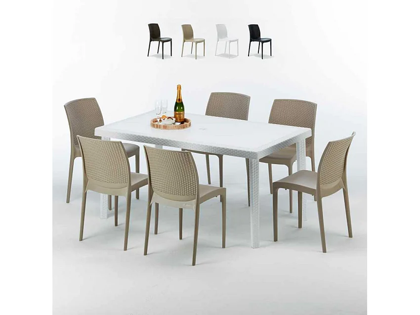 Weiß Rechteckig Tisch und 6 Stühle Farbiges Polypropylen-Außenmastenset Grand Soleil Boheme Summerlife - Beige